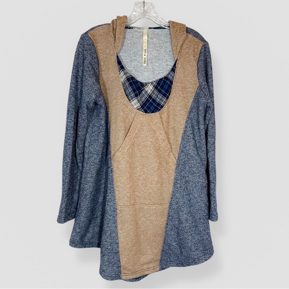 Uncle Frank Hooded Sweater Tunic Size Medium Blue/Tan Relaxed Casual Grandma